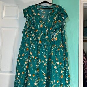 BloomChic Teal Floral Midi Dress with Ruffle Sleeves